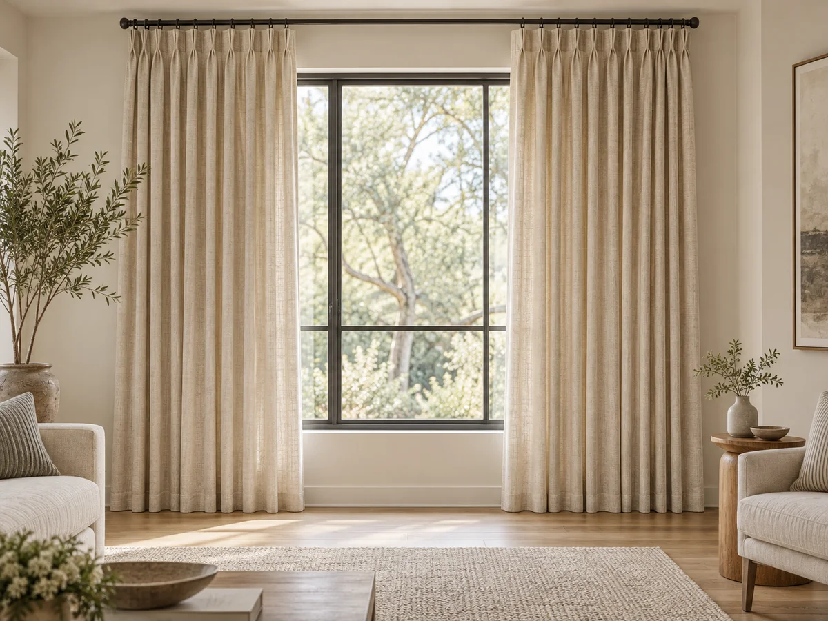 Design illustration of full-length linen drapery in a softly lit living room
