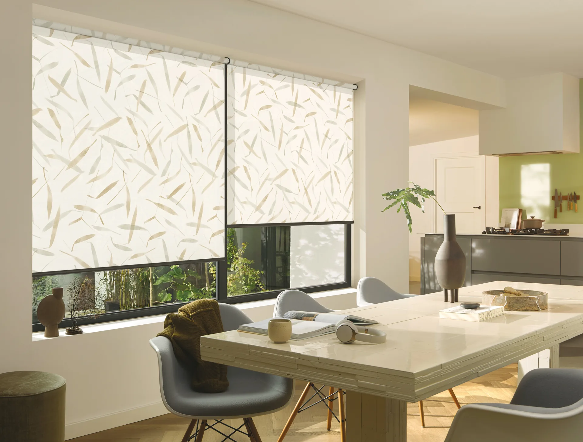Patterned Designer Roller Shades in a contemporary kitchen