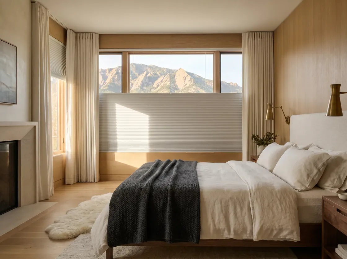 Luxury bedroom with custom shades and Boulder mountain view