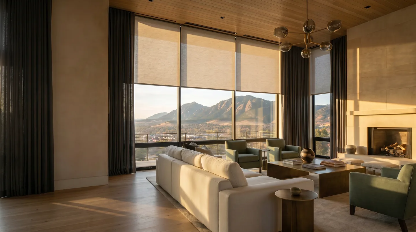 Luxury Boulder living room with custom shades overlooking the Flatirons